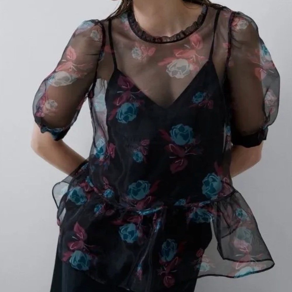 Zara Black Floral Organza Sheer Peplum Puff Sleeves Blouse Small Whimsigoth